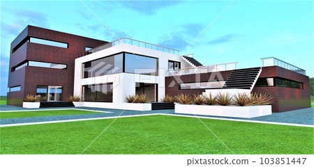 The glimmers of the setting sun dance on the facade of an upscale country cottage with custom-designed finishes. 3D rendering. 103851447