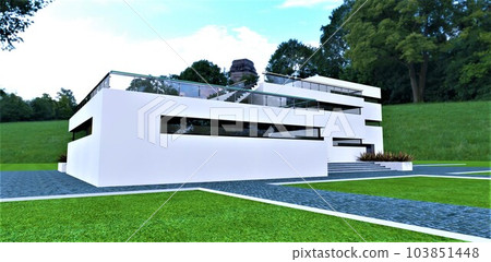 The project of an administrative building in a city park. White facade and exclusive design with long windows. 3D rendering. 103851448