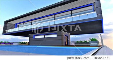 A look from the edge of the rooftop swimming pool to the long balcony fenced with glass panels and glowing rails. Stylish white LED stripes as a day decor. 3d rendering. A look from the edge of the rooftop swimming pool to the long balcony fenced with glass panels and glowing rails. Stylish white LED stripes as a day decor. 3d rendering. 103851450