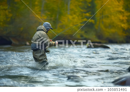 Fisherman catches trout on spinning in fast mountain river. Generative AI illustration 103851491