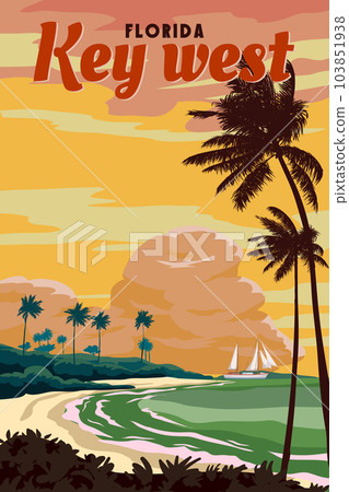 Retro Poster Key West Florida Beach. Palm on the beach, sailboat, coast, surf, ocean Retro Poster Key West Florida Beach. Palm on the beach, sailboat, coast, surf, ocean 103851938