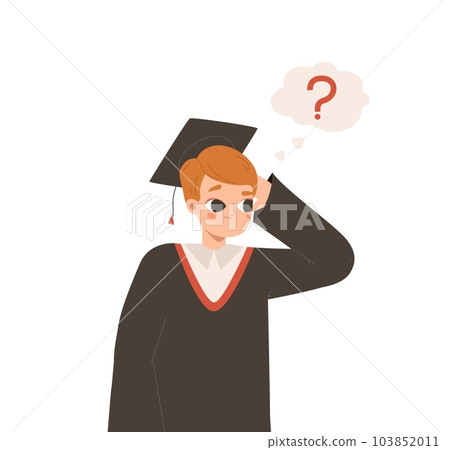 Graduated student thoughtful, boy has question and looking answers. Thinking cartoon flat young character, smart vector guy Graduated student thoughtful, boy has question and looking answers. Thinking cartoon flat young character, smart vector guy 103852011