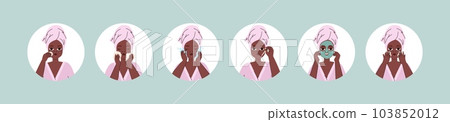 Afro american woman doing morning or evening beauty ritual. Face skin care with cosmetics, cleaning and moisturizing. Girl self care vector concept 103852012