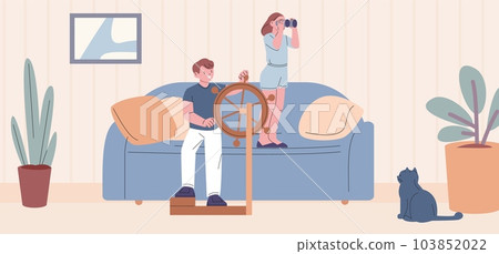 Marine adventures children game at home. Girl looking through binocular, boy at the helm and cute cat playing in living room, vector scene Marine adventures children game at home. Girl looking through binocular, boy at the helm and cute cat playing in living room, vector scene 103852022