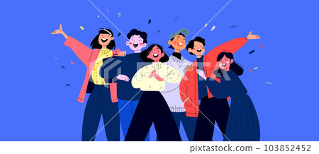 A company of multicultural colleagues. A happy team of friends. Bright colors in on-trend illustration. Flat with the black line. Entrepreneurs standing in cajoling clothes. Vector background with A company of multicultural colleagues. A happy team of friends. Bright colors in on-trend illustration. Flat with the black line. Entrepreneurs standing in cajoling clothes. Vector background with 103852452