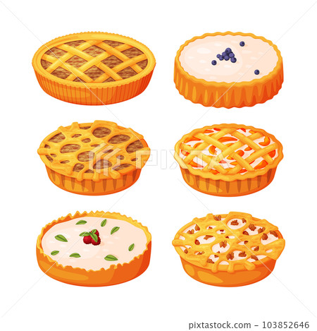 Baked Pie Made from Pastry Dough with Sweet Fruit Filling and Cream Vector Set 103852646