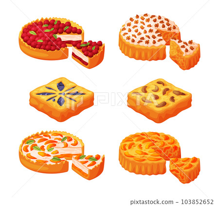 Baked Pie Made from Pastry Dough with Sweet Fruit Filling and Cream Vector Set 103852652