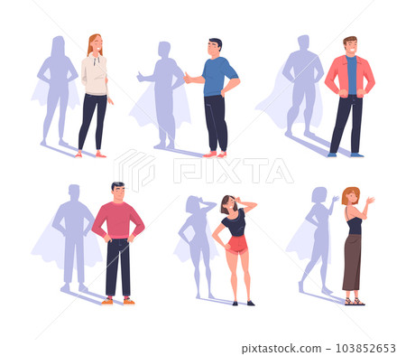 Shadow of Superhero with People Character Standing and Smiling Vector Set 103852653