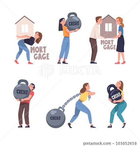 Severity of Mortgage with People Carrying and Pulling Heavy Burden of Credit Vector Set 103852658