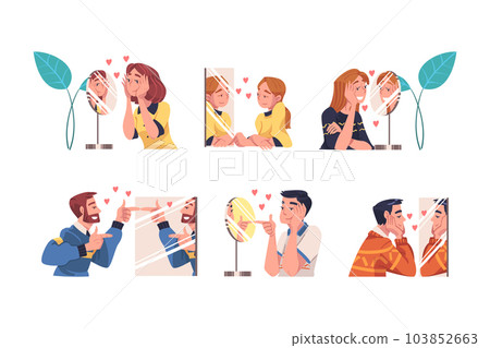 Self Love with People Character Admiring Themselves Look in Mirror Delighted with Appearance Vector Set 103852663