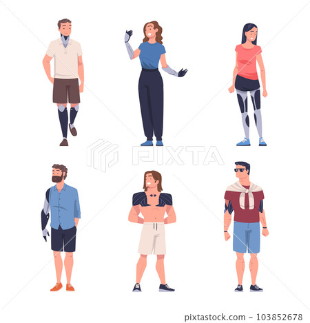 People Character with Robotic Body Parts or Prosthesis Functioning Vector Set 103852678