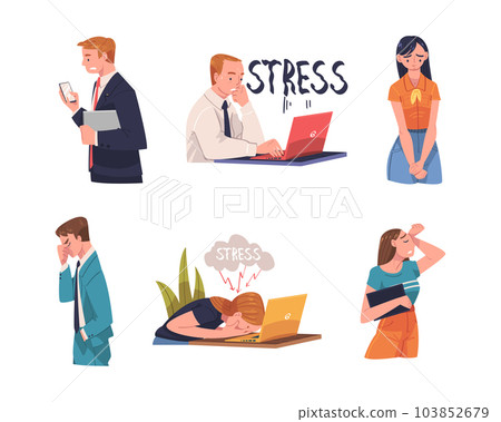 Young Busy Man and Woman Character in Stress Feeling Tired and Exhausted Sitting at Laptop Vector Illustration Set Young Busy Man and Woman Character in Stress Feeling Tired and Exhausted Sitting at Laptop Vector Illustration Set 103852679