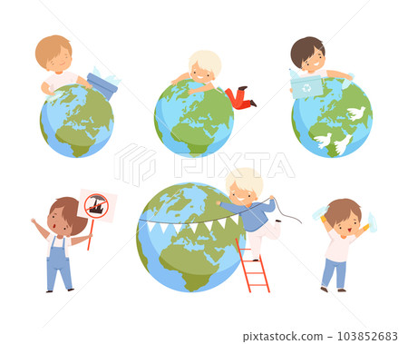 Little Boy with Earth Globe Taking Care of Planet Earth Vector Illustration Set Little Boy with Earth Globe Taking Care of Planet Earth Vector Illustration Set 103852683