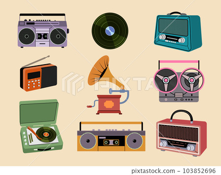 Music players. Vintage stylized illustrations of music record devices radio headset recent vector template 103852696