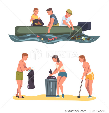 People Character Collecting Trash and Gathering Garbage from Beach Vector Set 103852700