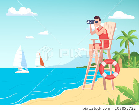 Marine lifeguard. sea landscape with lifeguard man watching to horizon. Vector background Marine lifeguard. sea landscape with lifeguard man watching to horizon. Vector background 103852722
