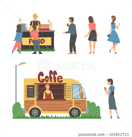 Young Man and Woman Buying Street Food in Truck Vector Illustration Set Young Man and Woman Buying Street Food in Truck Vector Illustration Set 103852723