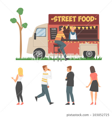 Young Man and Woman Buying Street Food in Truck Vector Illustration Set 103852725