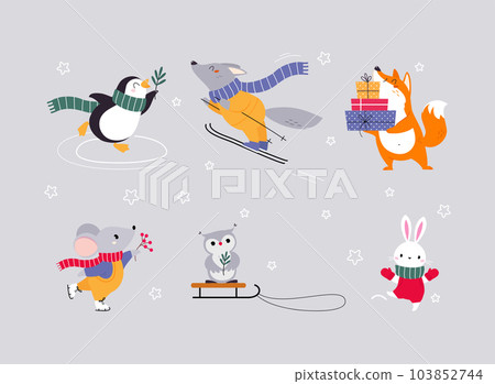 Cute Animal Enjoying Winter Season Vector Illustration Set 103852744