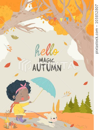 Cute Cartoon Girl walking with Dog in Autumn Forest 103852807