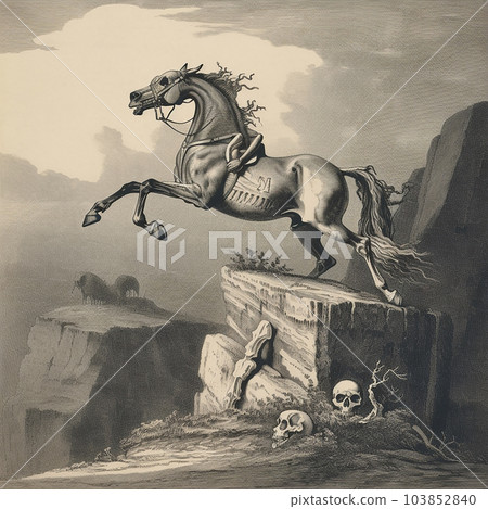 skeleton rides a horse, white black drawing, vintage engraving style skeleton rides a horse, white black drawing, vintage engraving style 103852840