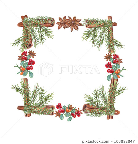 Watercolor frame of Christmas tree branch, cinnamons, star anise, sea buckthorn, cranberries isolated on white. Xmas, New Year illustration of orange, red berries, brown spices for greetings, cards 103852847