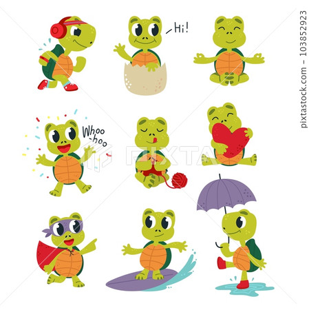 Cartoon turtles, walking comic turtle. Happy funny tortoise various poses. Cute sea animal rest and jogging, hobby and love classy vector characters Cartoon turtles, walking comic turtle. Happy funny tortoise various poses. Cute sea animal rest and jogging, hobby and love classy vector characters 103852923