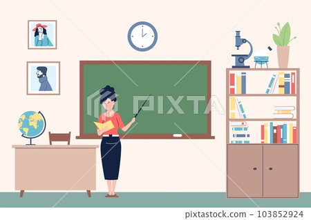 Teacher in classroom. Flat school or university class and young female professor at chalkboard. Education courses, lecturer or teaching recent vector scene Teacher in classroom. Flat school or university class and young female professor at chalkboard. Education courses, lecturer or teaching recent vector scene 103852924
