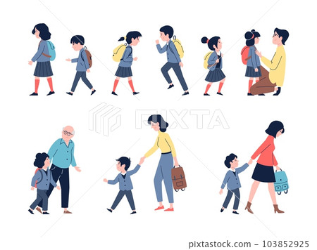 Students back to school characters. Little pupil with backpack and mother. Kindergarten or primary class, autumn study recent vector children Students back to school characters. Little pupil with backpack and mother. Kindergarten or primary class, autumn study recent vector children 103852925