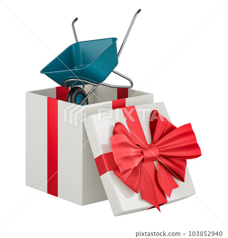 Garden wheelbarrow inside gift box, 3D rendering Garden wheelbarrow inside gift box, 3D rendering 103852940