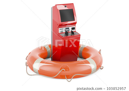 Financial services kiosk with lifebuoy, 3D rendering 103852957
