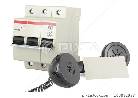 Circuit breaker with blank business card and retro phone receiver. 3D rendering Circuit breaker with blank business card and retro phone receiver. 3D rendering 103852958