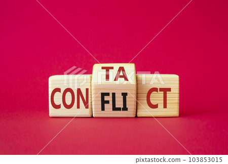 Contact and Conflict symbol. Wooden cubes with words Contact and Conflict. Beautiful red background. Contact and Conflict and business concept. Copy space Contact and Conflict symbol. Wooden cubes with words Contact and Conflict. Beautiful red background. Contact and Conflict and business concept. Copy space 103853015