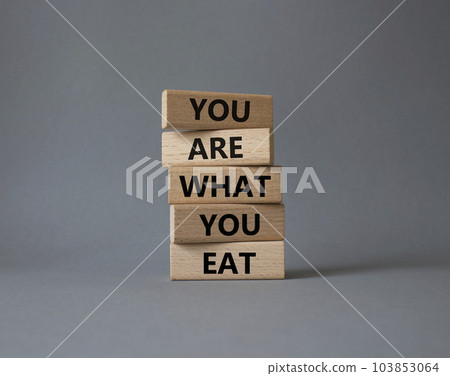 You are what you Eat symbol. Concept words You are what you Eat on wooden blocks. Beautiful grey background. Healthy eating and You are what you Eat concept. Copy space. 103853064