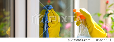Woman applying detergent spray and rag for cleaning window outside 103853481