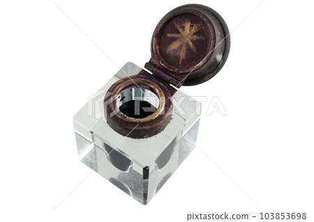 Vintage glass inkwell with black ink 103853698