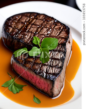 Cozy restaurant with realistic steak and ambiance. Cozy restaurant with realistic steak and ambiance. 103853758