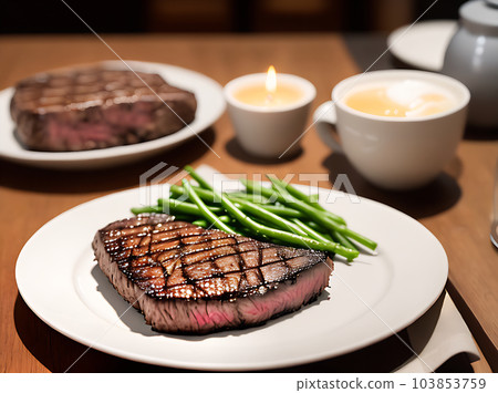 Cozy restaurant with realistic steak and ambiance. Cozy restaurant with realistic steak and ambiance. 103853759