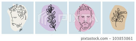 Line art men portrait and leaves in contemporary abstract style with colorful shapes. Vector hand drawn illustration. Line art men portrait and leaves in contemporary abstract style with colorful shapes. Vector hand drawn illustration. 103853861