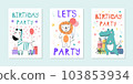 Set of Birthday backgrounds with cute animals with balloons, and funny inscription Birthday, party EPS 103853934