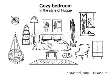 Doodle sketch hand-drawn room. Cozy bedroom in the style of Hugge. Black and white linear image. 103853938