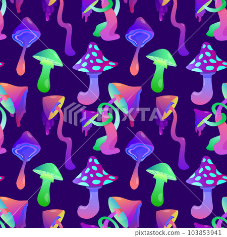 Hallucinogenic mushrooms seamless vector pattern beautiful psilocybin fungus. Fantastic wallpaper wrapping paper from colored fly agaric on a purple background. EPS 103853941