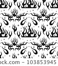 Flame Y2K Seamless fire pattern Psychedelic vector black background Retro Style. Funky summer abstract modern aesthetic print. Wall frame poster, banner or Social Media template. EPS 103853945