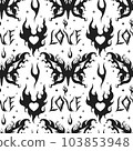 Flame Y2K Seamless fire pattern heart, buterfly Psychedelic vector black background Retro Style. Funky summer abstract modern aesthetic print. Wall frame poster, banner or Social Media template. EPS 103853948