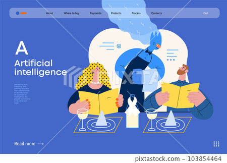 Artificial intelligence, Waiter -modern flat vector concept illustration of waiter AI taking order, giving advice on choosing in restaurant. Metaphor of AI advantage, superiority and dominance concept Artificial intelligence, Waiter -modern flat vector concept illustration of waiter AI taking order, giving advice on choosing in restaurant. Metaphor of AI advantage, superiority and dominance concept 103854464