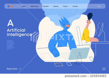 Artificial intelligence, office work -modern flat vector concept illustration of AI effectively working at the desk and surprised human. Metaphor of AI advantage, superiority and dominance concept Artificial intelligence, office work -modern flat vector concept illustration of AI effectively working at the desk and surprised human. Metaphor of AI advantage, superiority and dominance concept 103854465