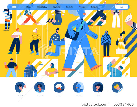 Artificial intelligence, AI and humanity -modern flat vector concept illustration of AI character walking among people in everyday life. Metaphor of AI advantage, benefit, friendliness concept 103854466