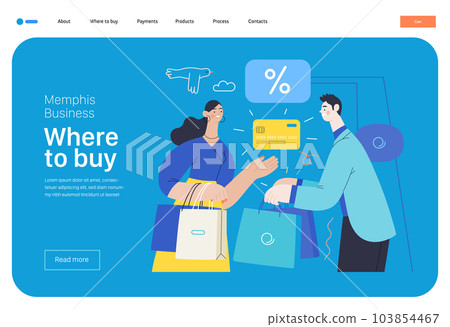 Memphis business illustration. Where to buy -modern flat vector concept illustration of a woman paying with her credit card for purchase to a consultant in a shop. Commerce business sales metaphor. Memphis business illustration. Where to buy -modern flat vector concept illustration of a woman paying with her credit card for purchase to a consultant in a shop. Commerce business sales metaphor. 103854467