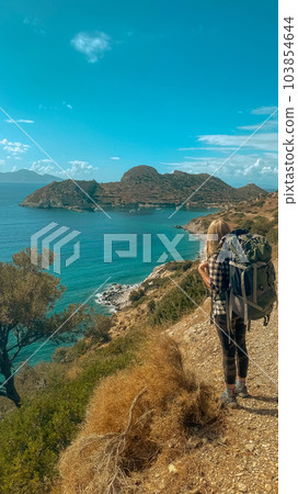 Girl is traveling in Turkey. View of lancient city of Knidos. Girl is traveling in Turkey. View of lancient city of Knidos. 103854644