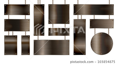 Metal banners hanging on a chain. Realistic shiny steel plate with screws. Polished rusty metal surface. Vector illustration 103854875